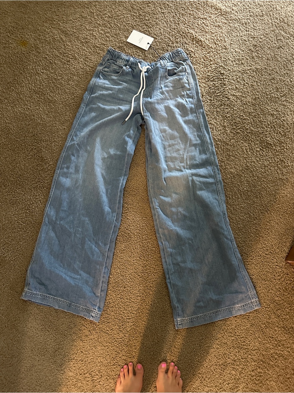 Wide Leg Light Blue Denim Jeans with Drawstring Waist